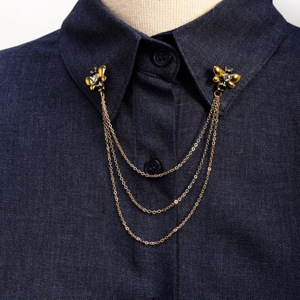 Golden Bee Shirt Collar Chain Brooch, Collar Clip, Collar Pin, Lapel Pin, Jewellery For Women