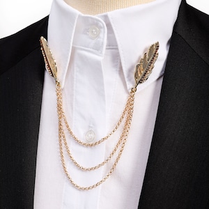 Feather Silver / Gold Shirt Collar Chain Brooch, Collar Clip, Aigrette Collar Pin, Lapel Pin