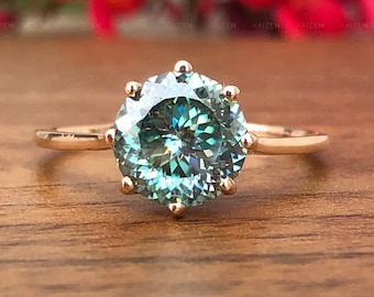 3.00 Carat Cyan Greenish Blue Moissanite Ring: 14K Yellow Gold Portuguese Diamond Ring.