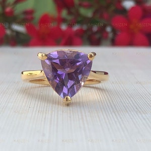 Trillion Cut Amethyst Ring: 14KT Gold February Birthstone Ring
