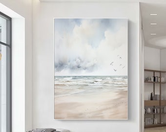 Large Original Blue Abstract Painting Beige White Nordic Minimalist Canvas Wall Art Cloudy Sky Painting Beach Abstract Painting Ocean Art