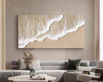 Large Abstract Ocean Beach Landscape Painting Modern Ocean Painting Textured Abstract Landscape Art White Texture Wavy Ocean Painting