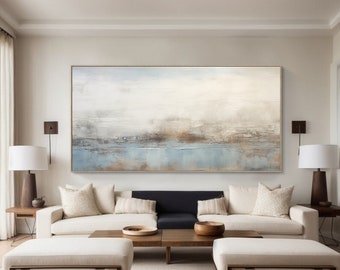 Large Original Blue Ocean Abstract Painting On Canvas Sea Wave Abstract Canvas Oil Painting,Beige Sky Abstract Landscape Painting Gift Art