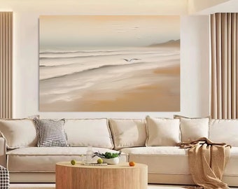 Large 3D Beige Minimalist Beach Painting Large Beige Abstract Wave Painting Beige Ocean Canvas Painting Minimalist Ocean Wall Art Wall Decor