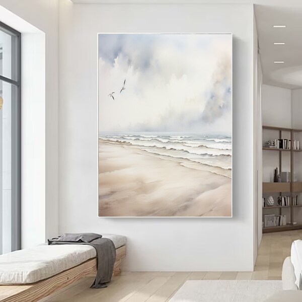 Grande peinture abstraite sur la mer, art mural beige, ciel nuageux, paysage, toile pour salon, peinture originale au niveau de la mer, cadeau