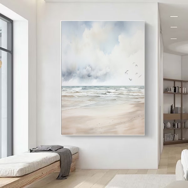 Grande peinture abstraite bleue originale beige blanc nordique minimaliste toile art mural ciel nuageux peinture plage peinture abstraite océan art