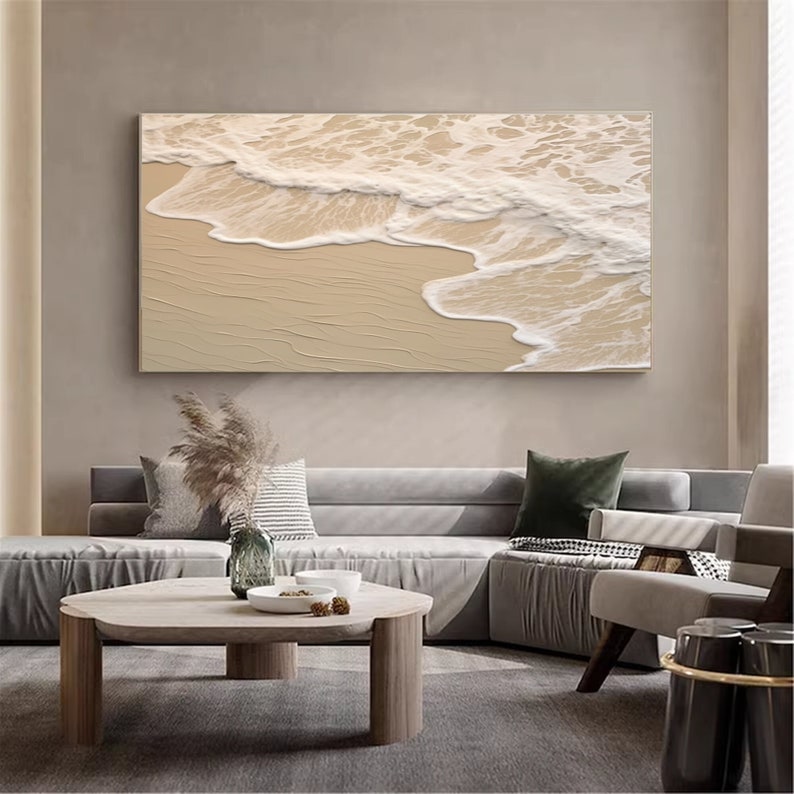 Large 3D Ocean Texture Painting White Texture Wavy Ocean Painting BeigeTexture Abstract Painting Sea Wave Painting Home Wall Decor Sea Art image 1