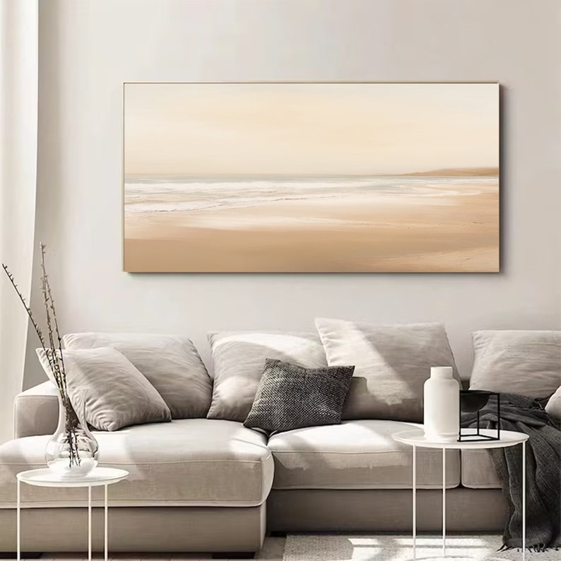 Cream White Beige Minimalist Painting on Canvas Beach Ocean Waves ...
