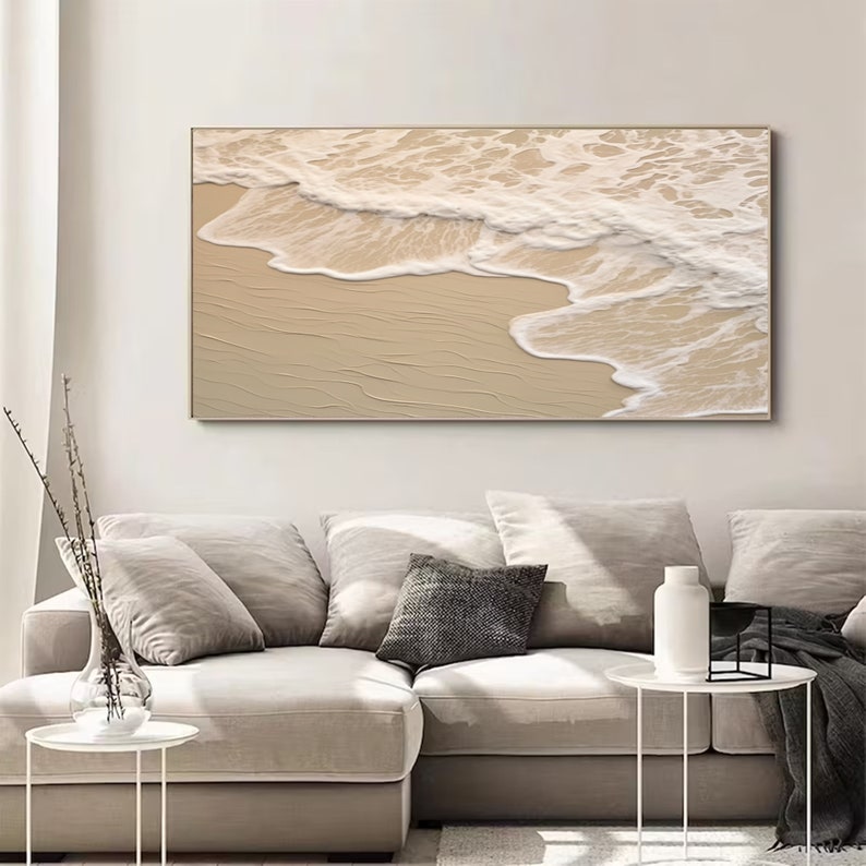 Large 3D Ocean Texture Painting White Texture Wavy Ocean Painting BeigeTexture Abstract Painting Sea Wave Painting Home Wall Decor Sea Art image 7