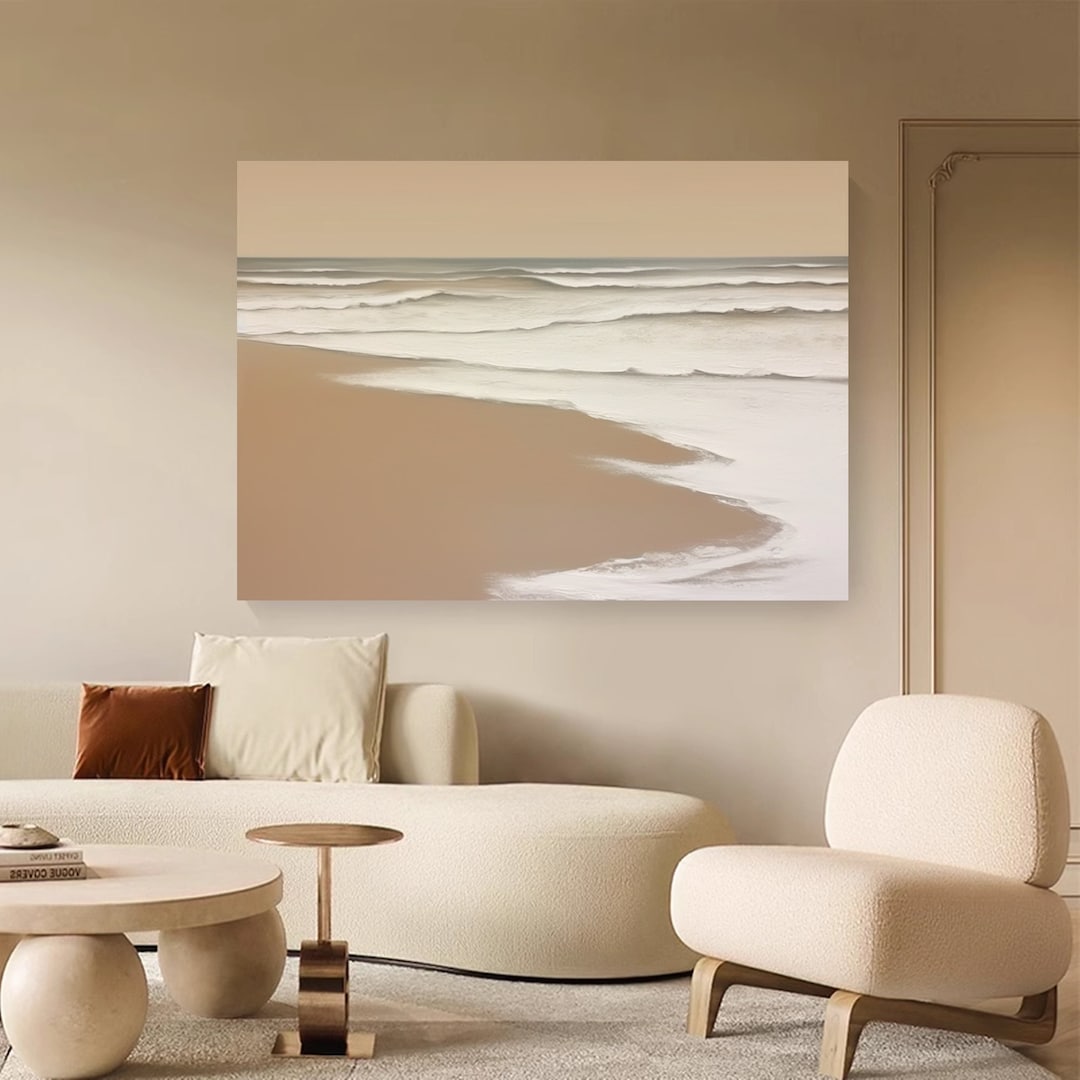 Large Beige Abstract Wave 3D White Minimalist Textured Wall Art Beach ...