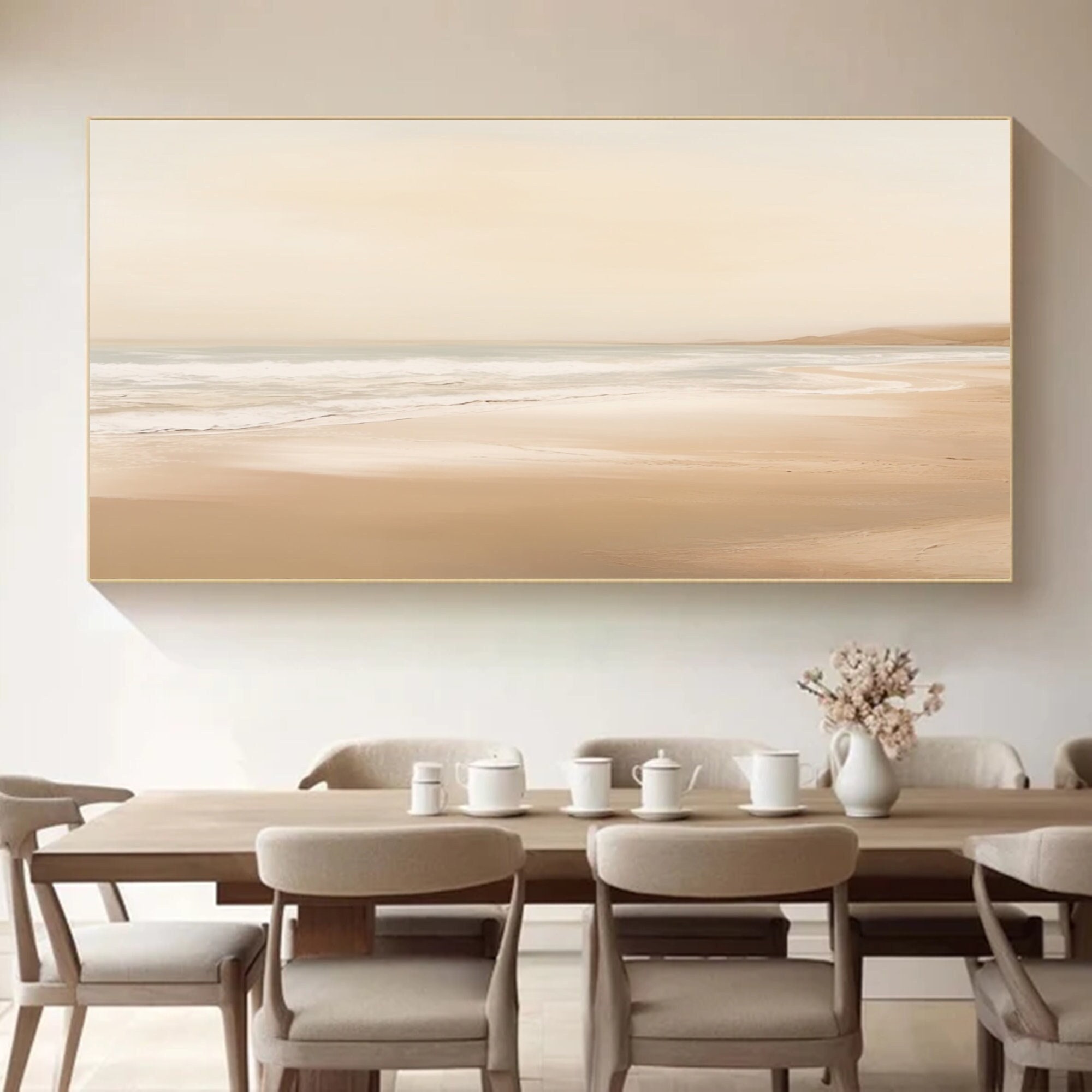 Cream White Beige Minimalist Painting on Canvas Beach Ocean Waves ...