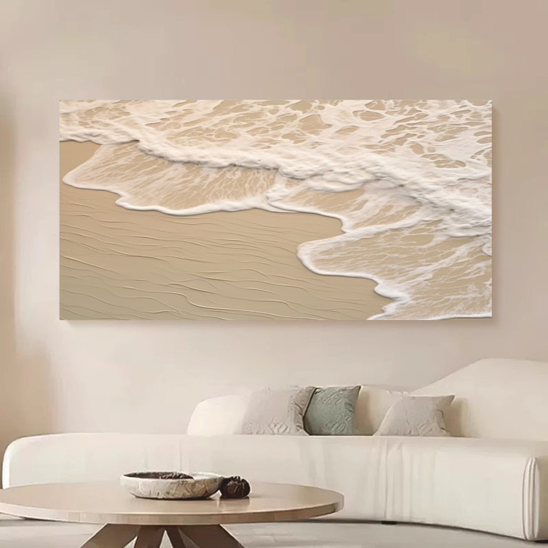 Large 3D Ocean Texture Painting White Texture Wavy Ocean Painting BeigeTexture Abstract Painting Sea Wave Painting Home Wall Decor Sea Art image 2