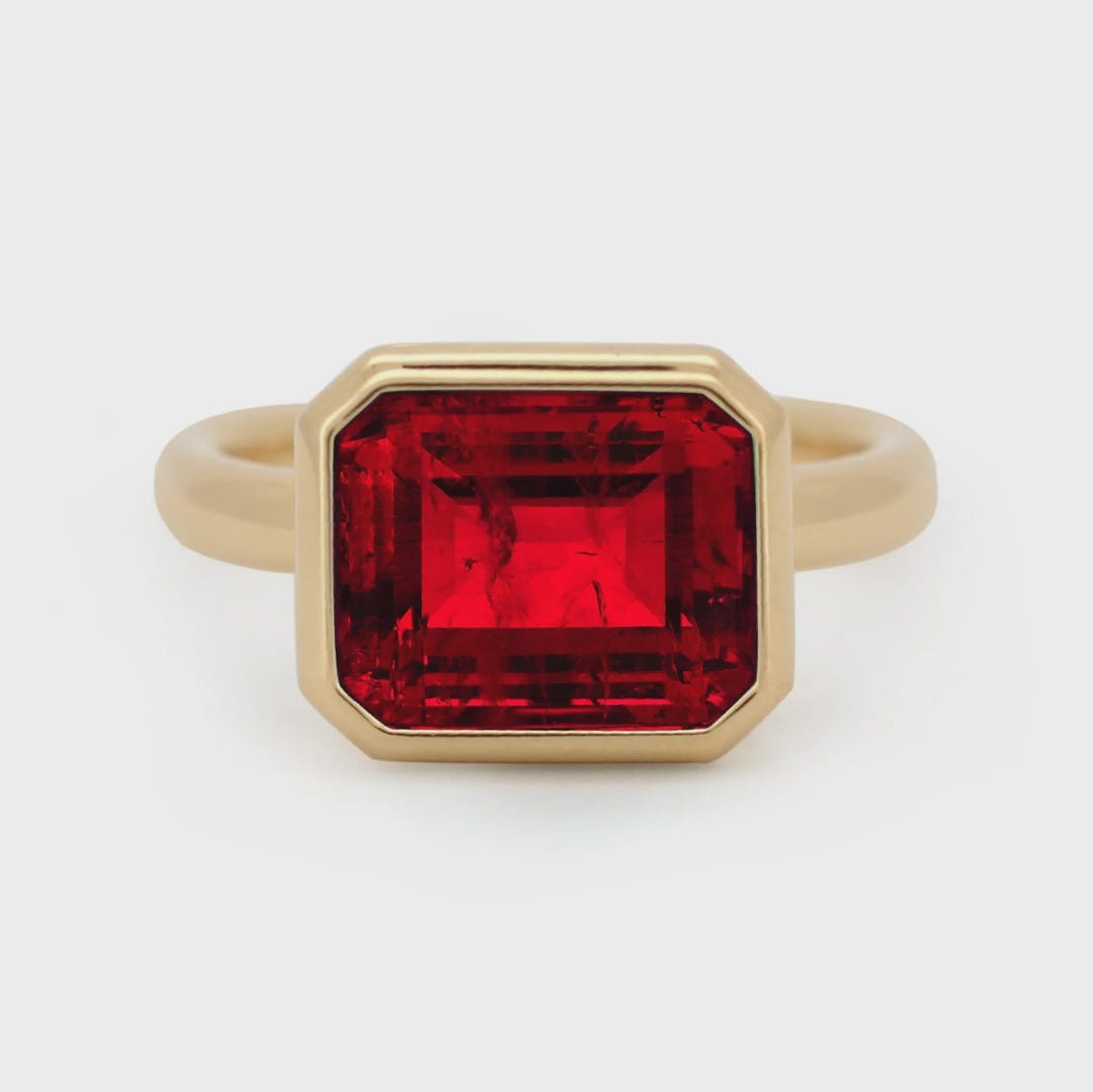 6CT Emerald Cut Lab Ruby Bezel Set Cocktail Ring, Gold Statement Band ...