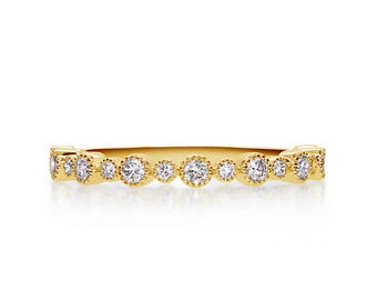 Vintage Milgrain Lab Diamond Band: 18k Yellow Gold, Silver Stacking Ring