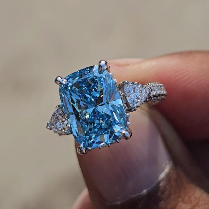 Radiant Cut Blue Lab Diamond Three Stone Ring, 14K White Gold ...