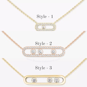 May include: Three necklaces with horizontal oval pendants. Style-1 is yellow gold with one diamond and a pavé frame. Style-2 is rose gold with three diamonds and a pavé frame. Style-3 is yellow gold with three diamonds and a smooth metal frame.