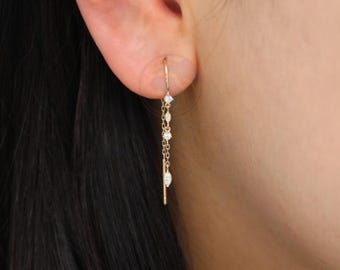 14k Solid Gold Dangle Diamond CZ Threader Earring: Chime Design