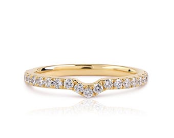 Pavé Lab Diamond Curved Wedding Band: 18K Yellow Gold & Silver Stacking Ring