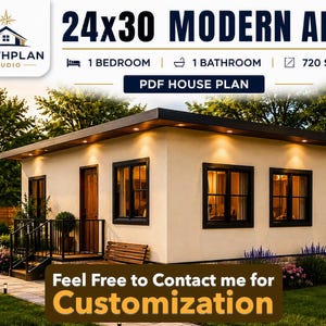 May include: A 24x30 modern ADU PDF house plan by Northplan Studio featuring a 1 bedroom, 1 bathroom, 720 sqft layout. The image shows a single-story cream-colored house with dark window frames, a wooden door, a small porch, and recessed lighting.