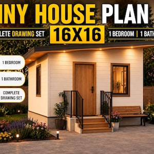 May include: A tiny house plan for a 16x16 structure featuring one bedroom and one bathroom. The image displays a white exterior building with a wooden door, a front porch with black railings, and a wooden bench. Text includes TINY HOUSE PLAN.
