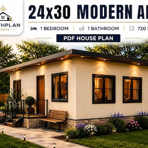 May include: A modern ADU house plan with the text "24x30 MODERN ADU". The house has one bedroom, one bathroom, and 720 sq ft. The exterior is beige with black window frames and a brown roof. A wooden bench sits in front.