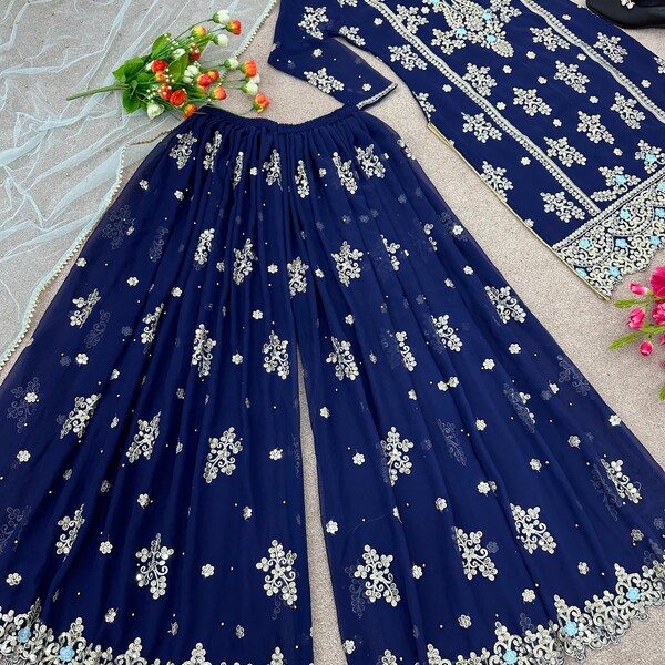 Blue Georgette Kurta Palazzo And Soft Net Dupatta With 5mm Embroidery Work And Moti Work For Women, Designer Palazzo Suit For Women