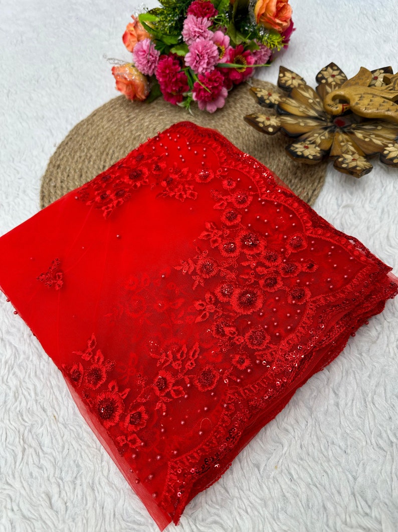 Red Net Saree With Sequence Embroidery Work And Blouse For Women, Wedding Wear Saree, Designer Traditional Wear Saree, Red Blouse Saree image 8