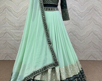 Mint Green Georgette Lehenga Choli And Dupatta With Embroidery Sequence Work For Women, Bridesmaid Lehenga , Wedding Lehenga , Lehengas