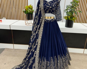 Designer Blue Georgette Lehenga Choli With Embroidery Sequence Work And Dupatta For Women, Wedding Guest Outfit, Bridesmaid Lehenga Choli