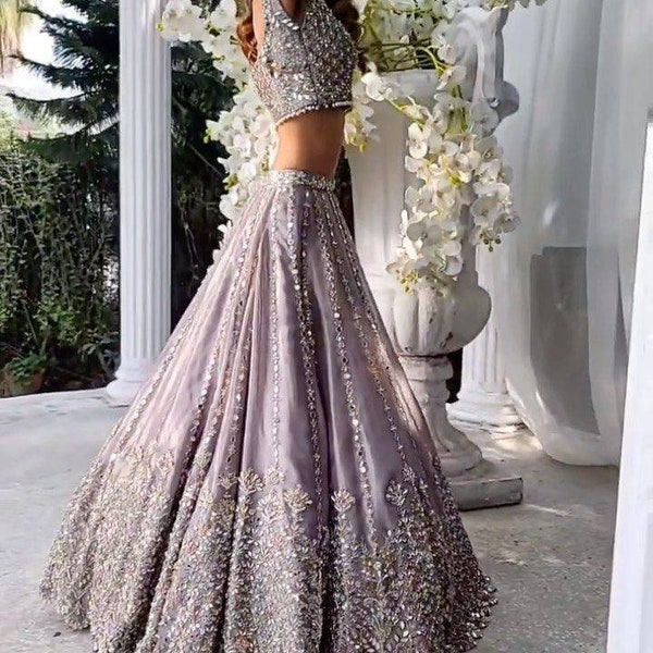 Grijze Georgette Lehenga Choli en Dupatta met Chine Stitch Sequence Work voor vrouwen, bruiloft Lehenga Choli, bruidsmeisje Lehenga, rokken