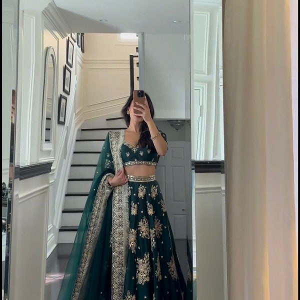 Lehenga Choli en satin bleu sarcelle avec travail de séquence de broderie et dupatta pour femme, mariage indien Lehenga Choli, tenue de soirée, Lehenga