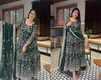 Georgette verde scuro Anarkali Kurti con lavoro di ricamo in sequenza da 5 mm e Dupatta per le donne, abito da sposa, abito di design indiano
