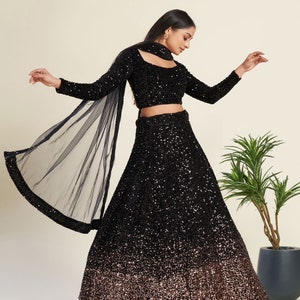 Party Wear Velvet Lehenga Choli With Heavy Sequence Work And Net Dupatta With Matching Border For Women, Designer Black Lehenga Choli