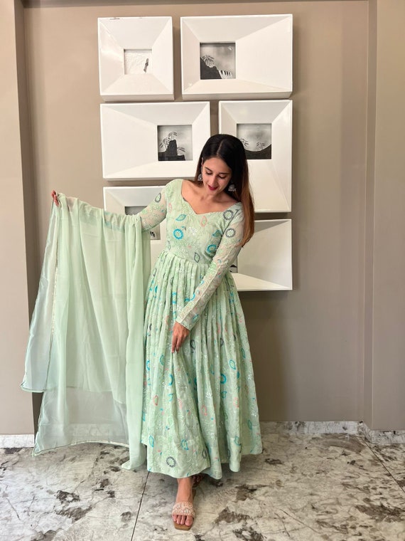 Designer Pista Green Embroidered Gown With Dupatta for Women