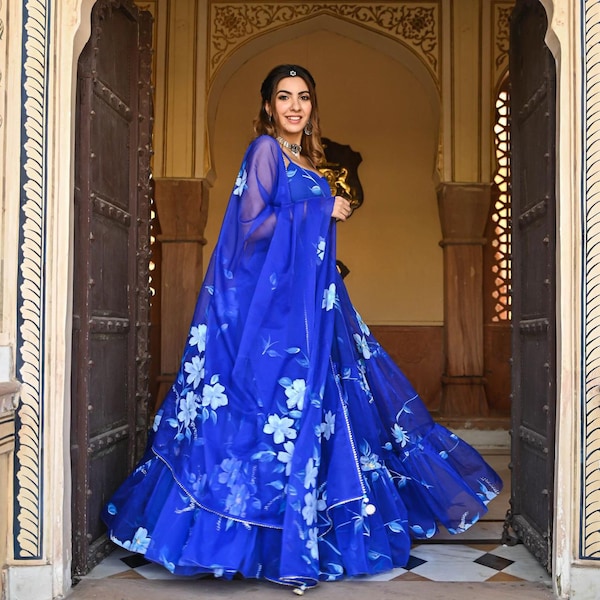 Georgette Lehenga Choli et Dupatta bleues avec impression numérique, Lehenga à imprimé floral pour femme, Lehenga Choli pour fille, Lehenga Choli bleu