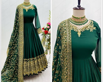 Green Georgette Gown With 5mm Sequence Embroidery Work And Dupatta For Women, Wedding Wear Gown, Indian Designer Dress, Long Flared Dress