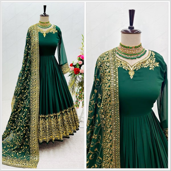 Robe en georgette verte avec broderies en séquence de 5 mm et dupatta pour femme, robe de mariée, robe de créateur indienne, longue robe évasée