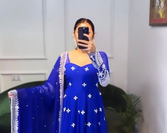 Royal Blue Georgette Gown With 9mm Sequence Work And Dupatta For Women, Long Flared Gown Dress, Designer Gown, Traditional Dress