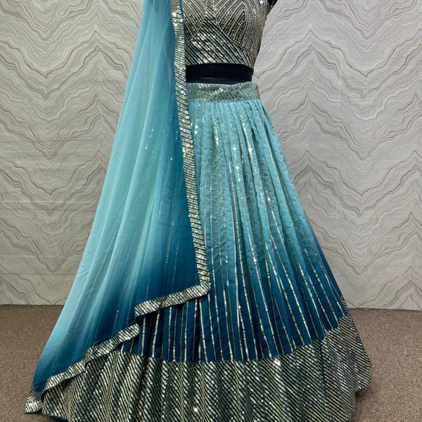 Designer Georgette Designer Lehenga Choli With Embroidery And Sequence Work And Georgette Dupatta With Lace Border For Women, Blue Lehenga