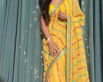 Party Wear Georgette Saree With Mirror Work And Banglori Silk Blouse For Women, Yellow Saree, Wedding Wear Saree, Designer Saree