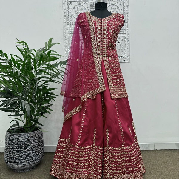 Pink Silk Kurta Palazzo With 5mm Sequence Embroidery Work And Net Dupatta For Women, Salwar Kameez, Wedding Guest Outfit, Festive Wear Dress