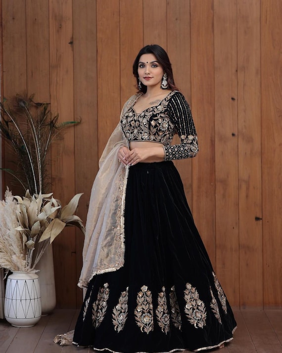 Black Velvet Lehenga Choli With Embroidery Sequence Work and Soft