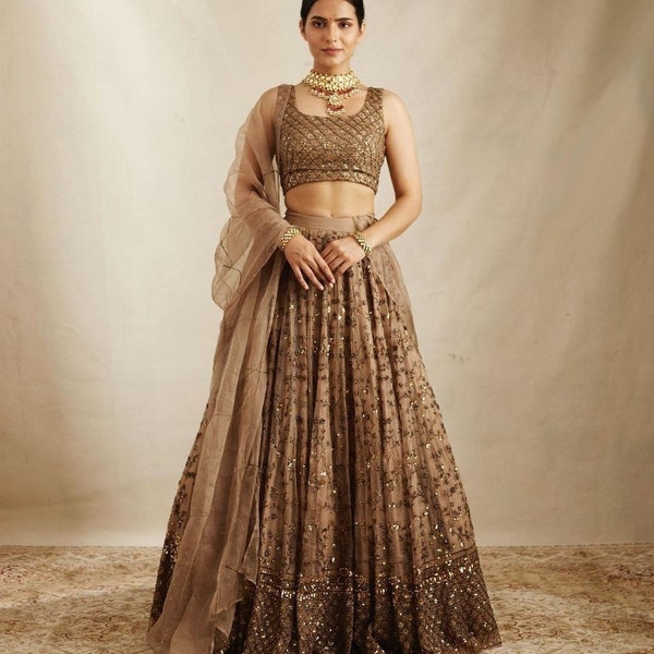 Party Wear Brown Net Lehenga Choli With Embroidery Sequence Work And Dupatta For Women, Wedding Guest Outfit, Indian Designer Lehenga Choli