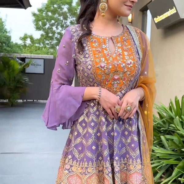 Designer Light Purple Georgette Punjabi Suit With Embroidery And Sequence Work With Dupatta For Women, Top With Dhoti, Punjabi Suit