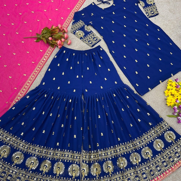Wedding Wear Blue Georgette Kurta Sharara With 5mm Sequence Embroidery Work And Dupatta For Women, Pakistani Salwar Kameez, Sharara Suit