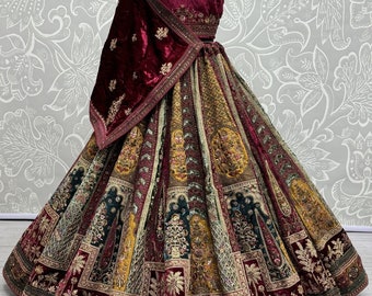 Velluto dorato Lehenga Choli con lavoro in sequenza di ricamo e Dupatta per le donne, designer di abiti da sposa Lehenga Choli, matrimonio indiano Lehenga