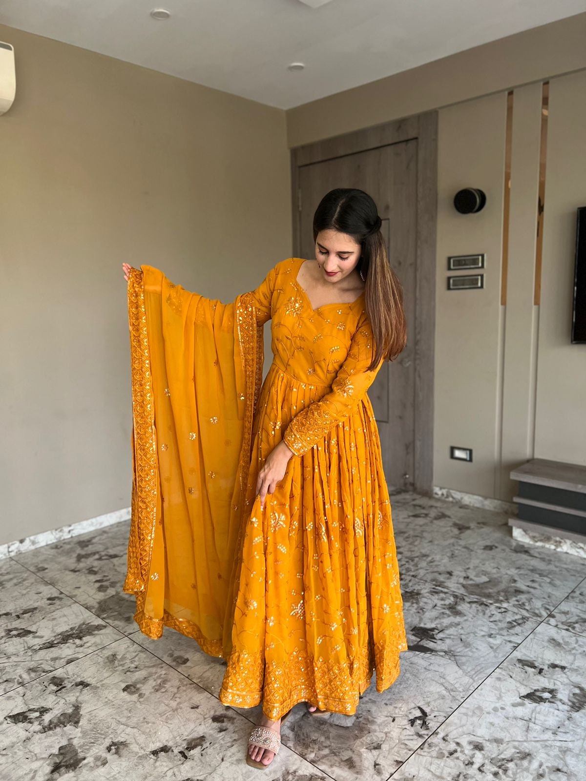 Musturd Yellow Glass Cotton Churidar Suit