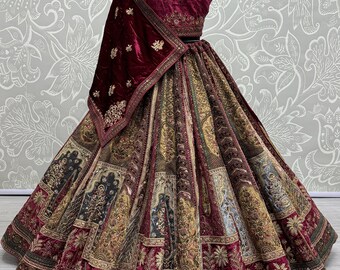 Designer Lehenga Choli in velluto beige con lavoro in sequenza di ricamo e Dupatta per le donne, abito indiano per abiti da sposa, set da sposa Lehenga