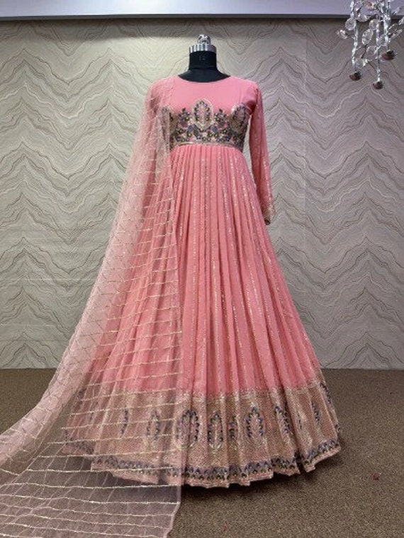 Dusty Pink Embroidery Chikankari Gown With Nazneen Dupatta
