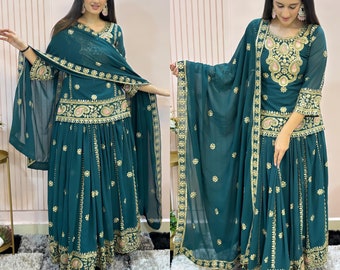 Haut Lehenga en georgette vert sarcelle avec broderies en séquence de 5 mm et dupatta pour femme, haut de créateur pakistanais Lehenga, jupe Lehenga